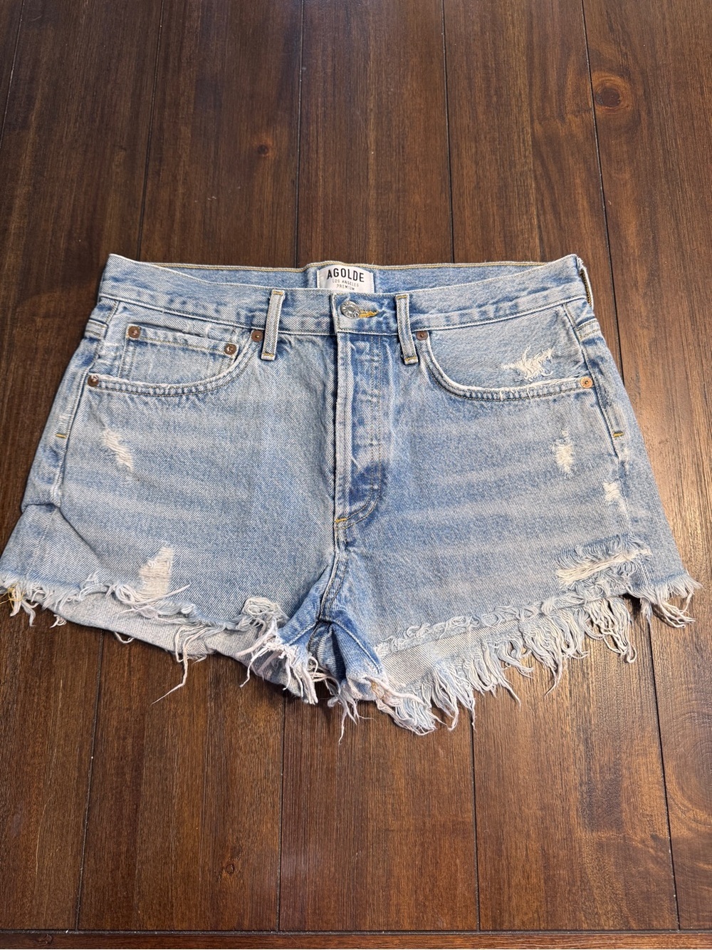 AGOLDE Parker Distressed Denim Shorts S 27 Light Wash High Rise Frayed Hem Short - Picture 4 of 13